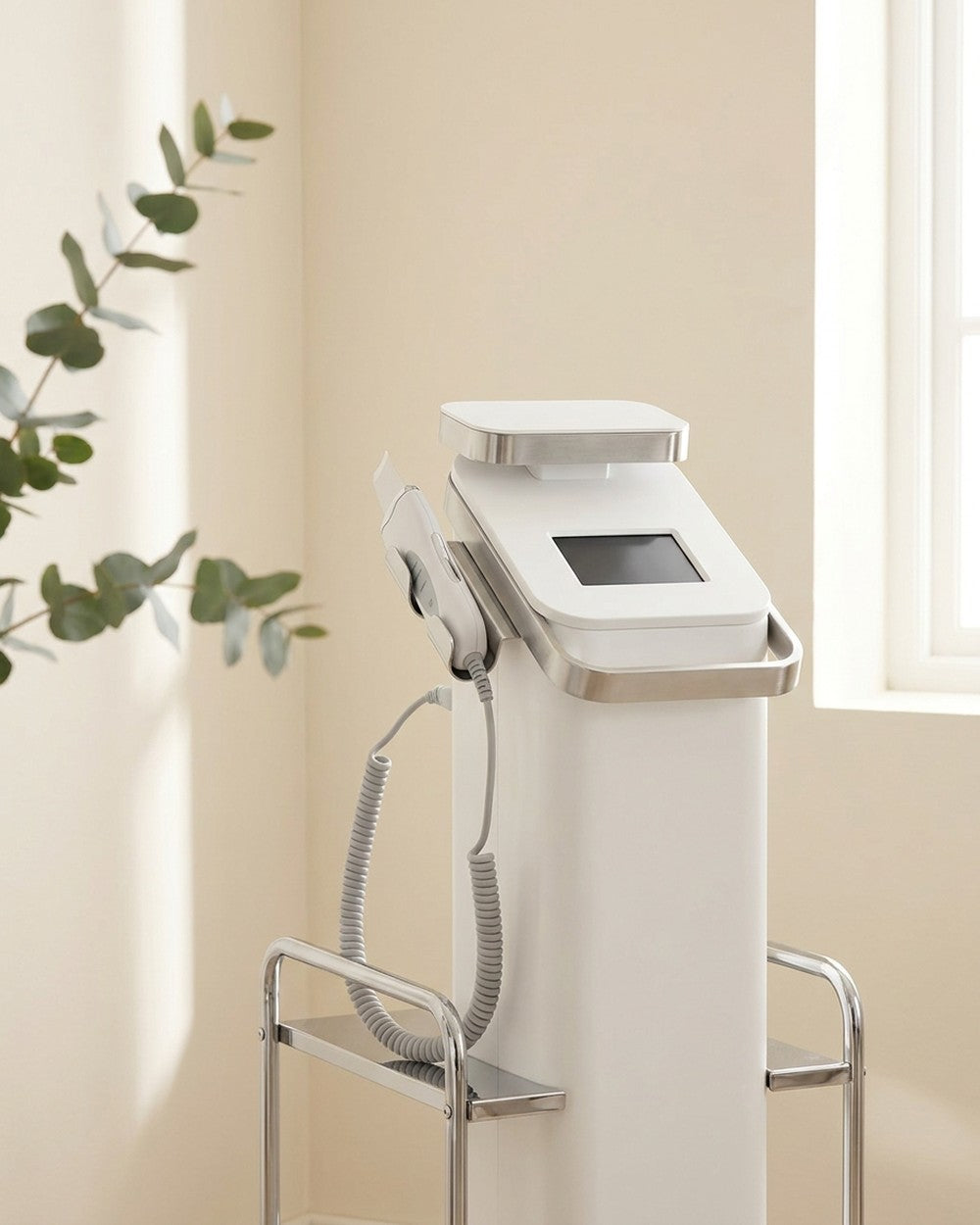A professional aesthetic-clinic treatment machine on a stand