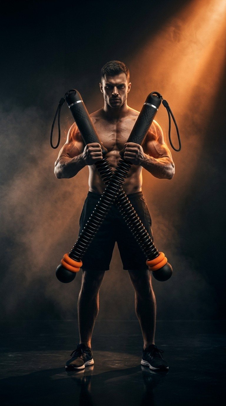Athlete holding crossed GLOWBORA cordless battle ropes under studio light