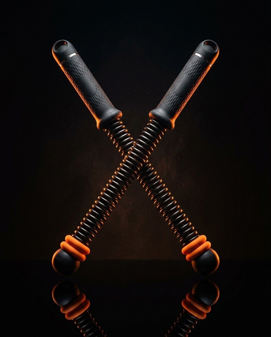 GLOWBORA cordless battle ropes — crossed pair with orange resistance rings